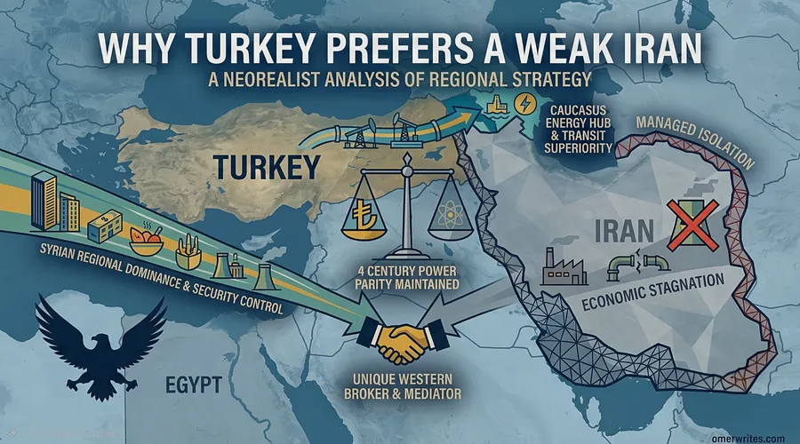 Map graphic showing Turkey's regional gains in Syria, the Caucasus, and energy transit against Iran's economic stagnation and managed isolation.
